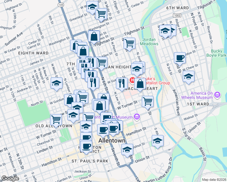 map of restaurants, bars, coffee shops, grocery stores, and more near 323 North Law Street in Allentown