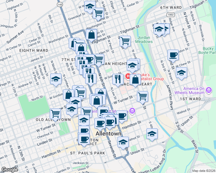 map of restaurants, bars, coffee shops, grocery stores, and more near 323 North Law Street in Allentown