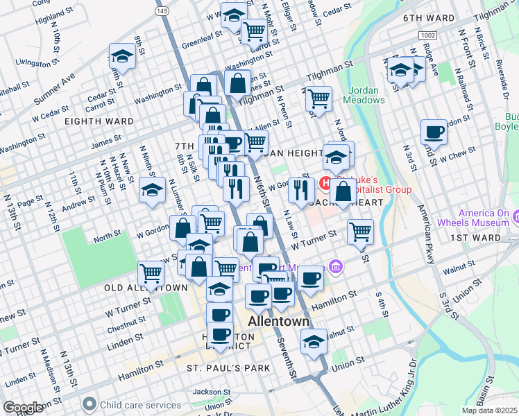 map of restaurants, bars, coffee shops, grocery stores, and more near 338 North 6th Street in Allentown