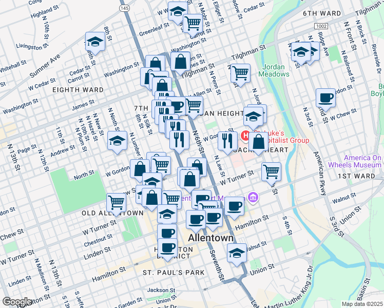 map of restaurants, bars, coffee shops, grocery stores, and more near 331 North Church Street in Allentown