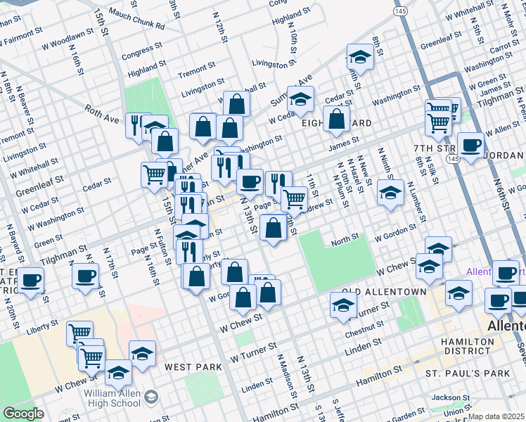 map of restaurants, bars, coffee shops, grocery stores, and more near 617 North Richland Street in Allentown