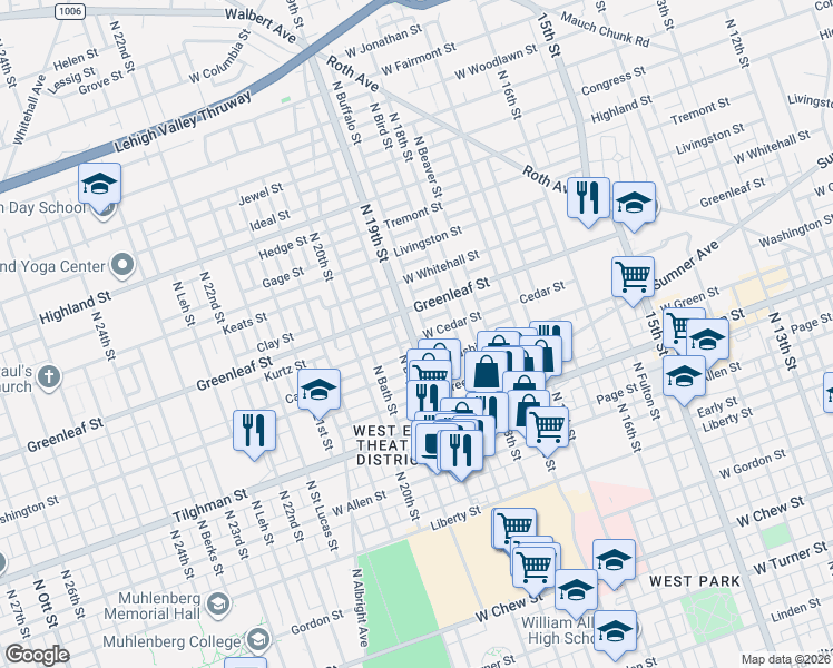 map of restaurants, bars, coffee shops, grocery stores, and more near 842 North 19th Street in Allentown