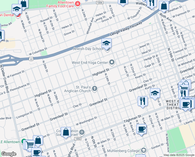 map of restaurants, bars, coffee shops, grocery stores, and more near 2438 West Highland Street in Allentown