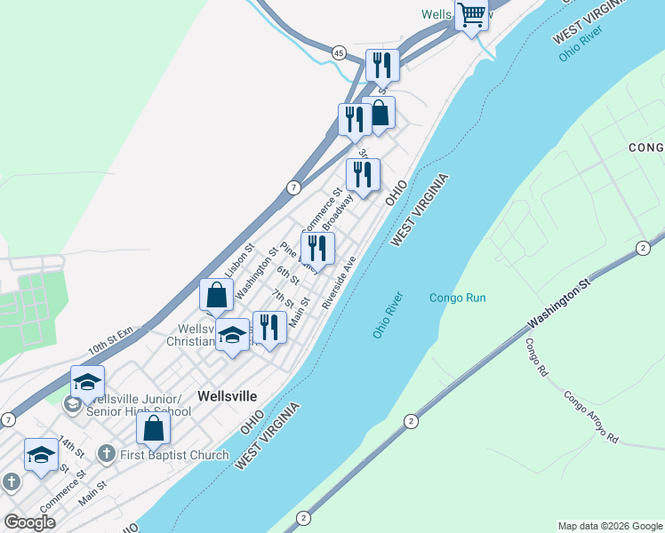 map of restaurants, bars, coffee shops, grocery stores, and more near 515 Main Street in Wellsville