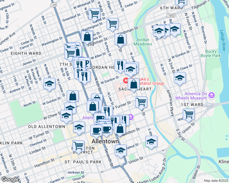 map of restaurants, bars, coffee shops, grocery stores, and more near 501 West Chew Street in Allentown