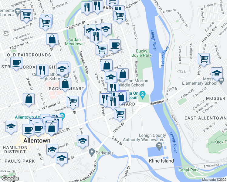 map of restaurants, bars, coffee shops, grocery stores, and more near 123 North 2nd Street in Allentown