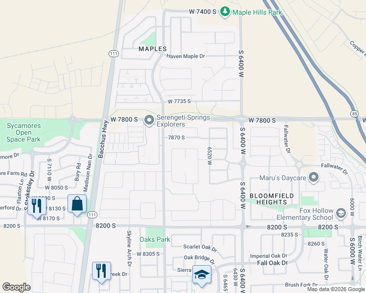 map of restaurants, bars, coffee shops, grocery stores, and more near 6624 West Braeburn Way in West Jordan