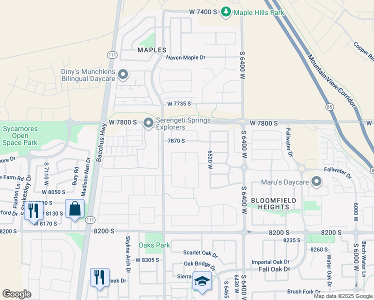 map of restaurants, bars, coffee shops, grocery stores, and more near 6602 West Braeburn Way in West Jordan