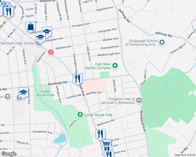 map of restaurants, bars, coffee shops, grocery stores, and more near 1175 Hillside Avenue in Plainfield