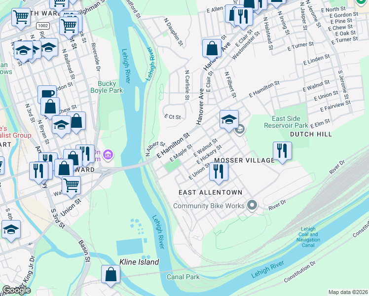 map of restaurants, bars, coffee shops, grocery stores, and more near 225 East Maple Street in Allentown
