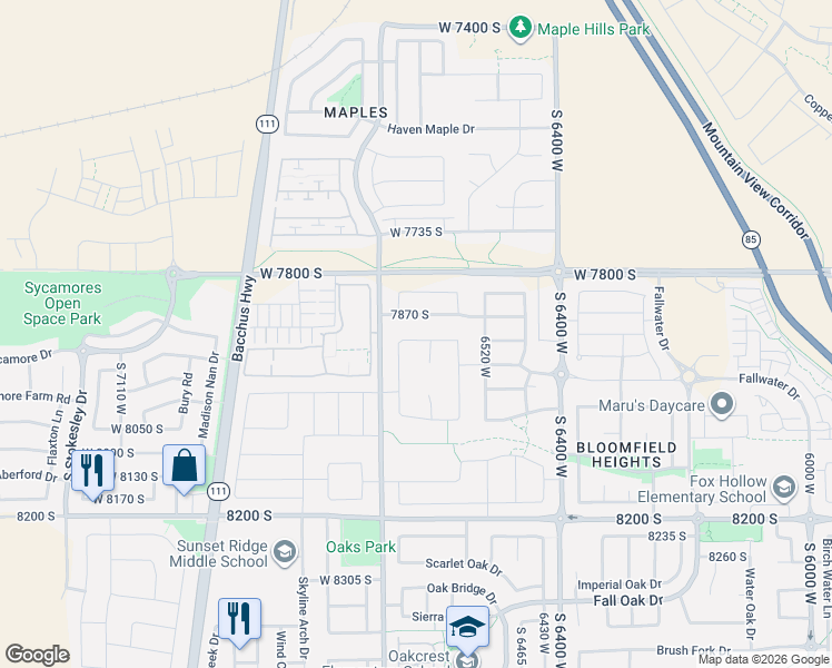 map of restaurants, bars, coffee shops, grocery stores, and more near 6638 West Braeburn Way in West Jordan