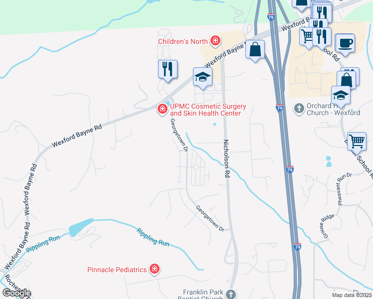 map of restaurants, bars, coffee shops, grocery stores, and more near 1922 Georgetowne Drive in Sewickley