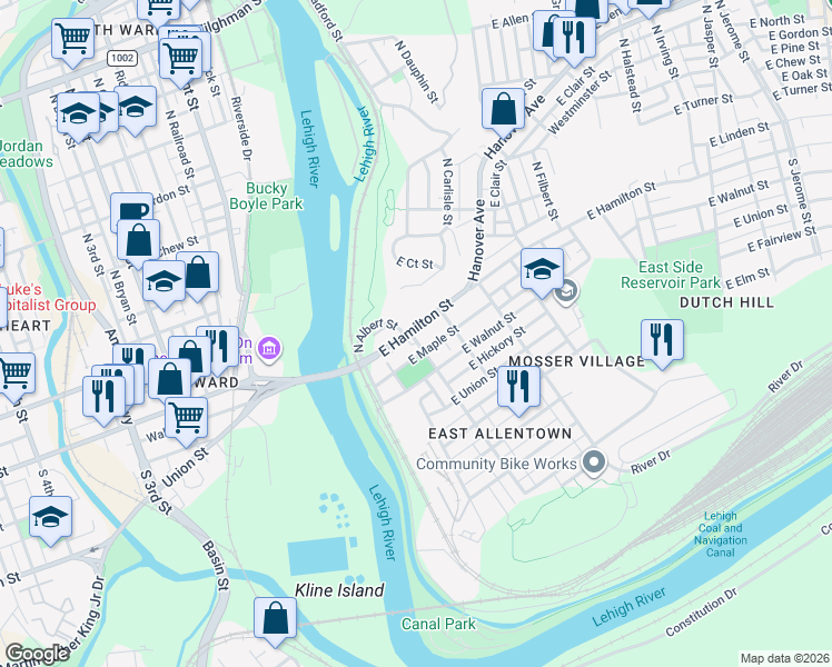 map of restaurants, bars, coffee shops, grocery stores, and more near in Allentown