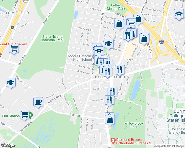 map of restaurants, bars, coffee shops, grocery stores, and more near Arlene Street & Sommer Avenue in Staten Island