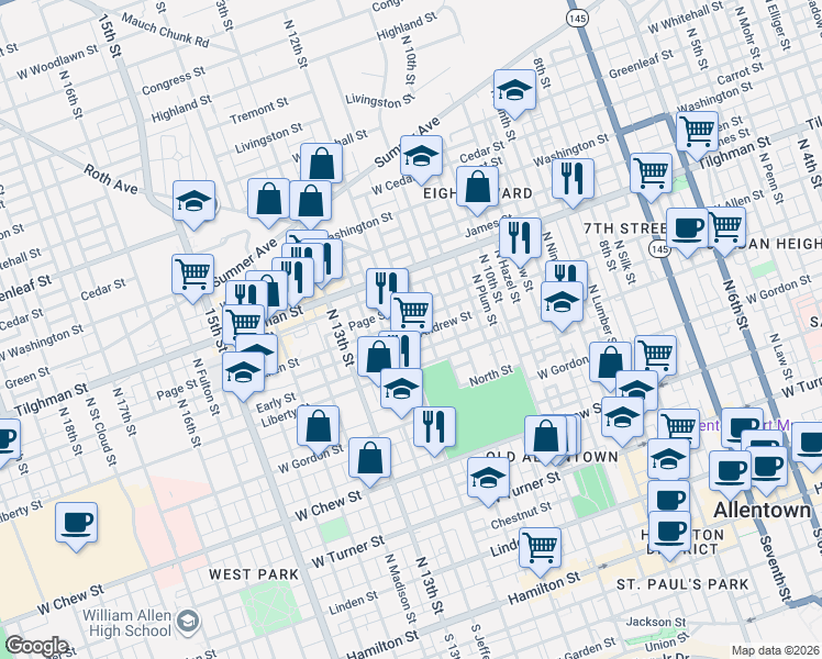 map of restaurants, bars, coffee shops, grocery stores, and more near in Allentown