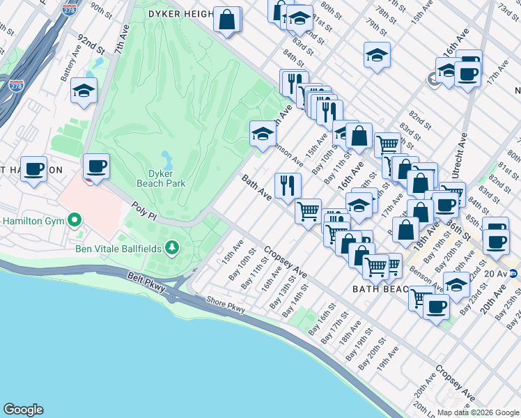 map of restaurants, bars, coffee shops, grocery stores, and more near 196 Bay 8th Street in Brooklyn