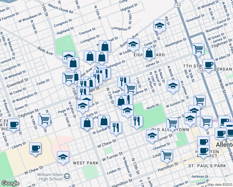 map of restaurants, bars, coffee shops, grocery stores, and more near 617 North Richland Street in Allentown