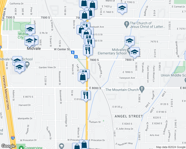 map of restaurants, bars, coffee shops, grocery stores, and more near 44 Autumn Station Way in Midvale