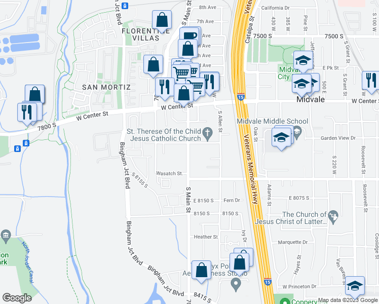 map of restaurants, bars, coffee shops, grocery stores, and more near 7901 700 West in Midvale