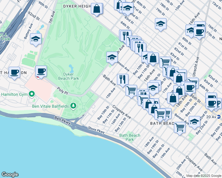 map of restaurants, bars, coffee shops, grocery stores, and more near 196 Bay 8th Street in Brooklyn