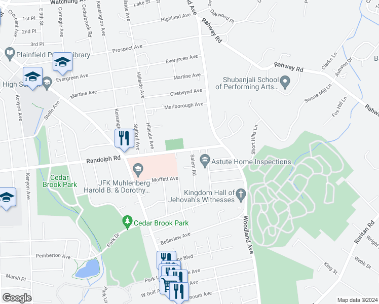 map of restaurants, bars, coffee shops, grocery stores, and more near 1370 Randolph Road in Plainfield