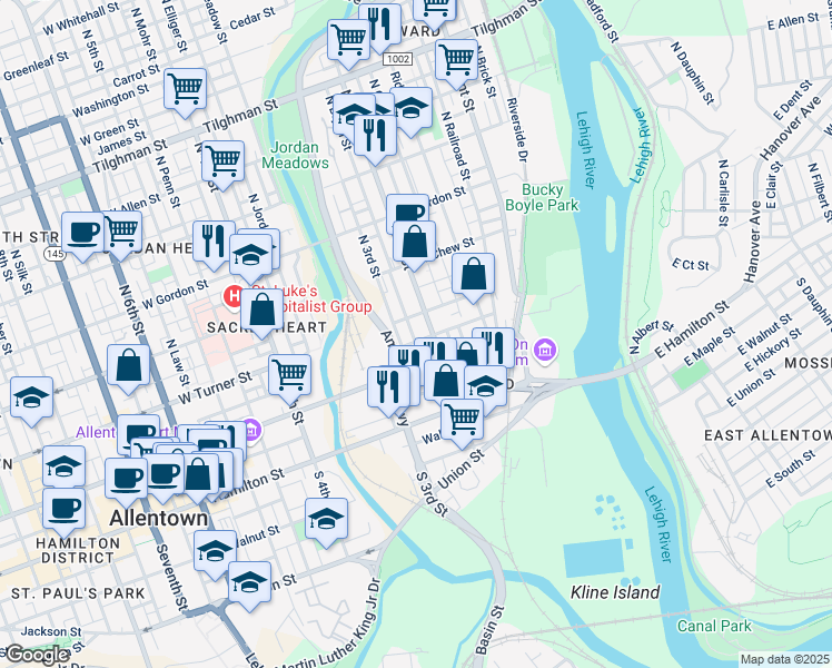 map of restaurants, bars, coffee shops, grocery stores, and more near 127 North Bryan Street in Allentown