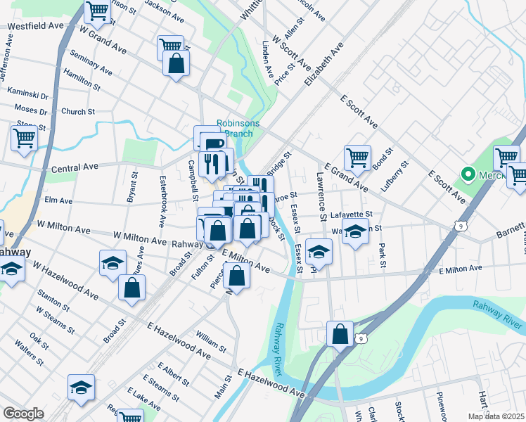 map of restaurants, bars, coffee shops, grocery stores, and more near 1574 Main Street in Rahway