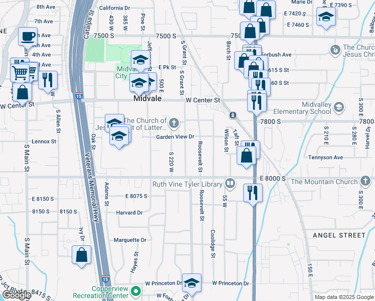 map of restaurants, bars, coffee shops, grocery stores, and more near 7899 South Grant Street in Midvale