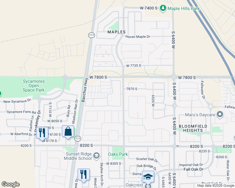 map of restaurants, bars, coffee shops, grocery stores, and more near 7858 Serenera Way in West Jordan