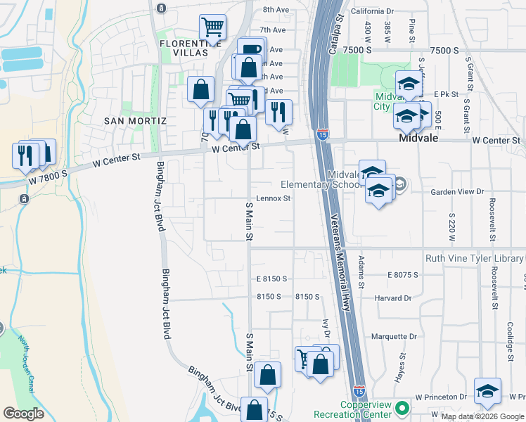 map of restaurants, bars, coffee shops, grocery stores, and more near 653 Lennox Street in Midvale