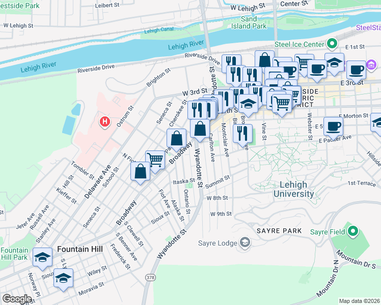 map of restaurants, bars, coffee shops, grocery stores, and more near 520 Pennsylvania 378 in Bethlehem