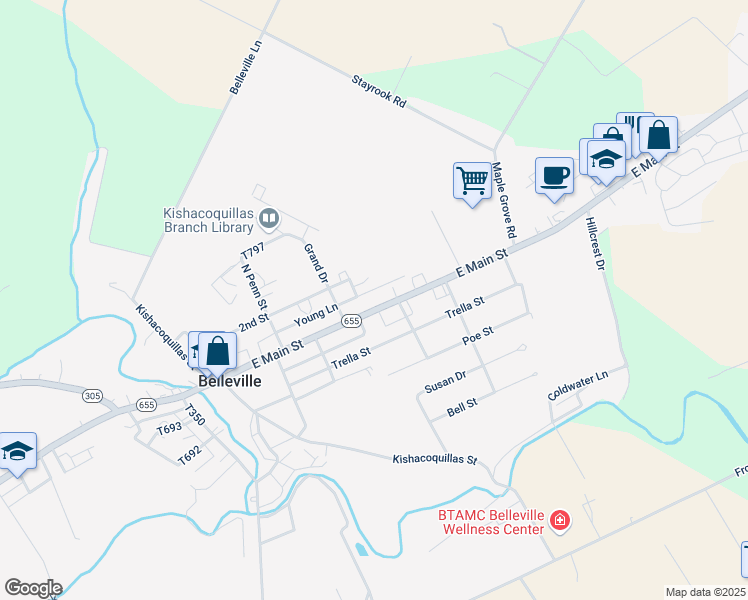 map of restaurants, bars, coffee shops, grocery stores, and more near Young Lane in Belleville