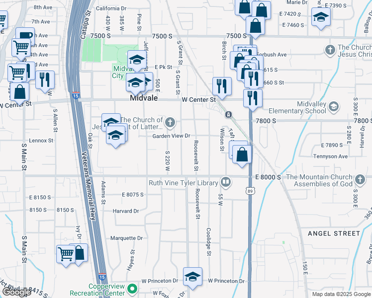 map of restaurants, bars, coffee shops, grocery stores, and more near 7899 South Grant Street in Midvale