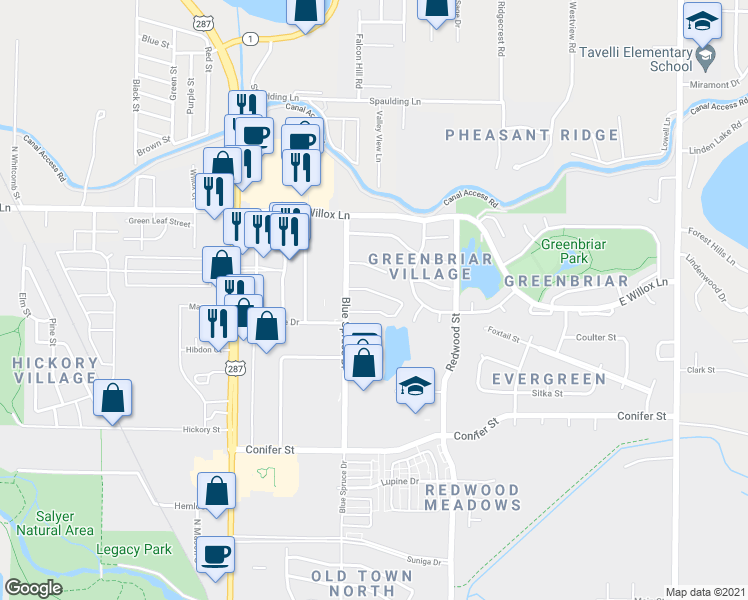 map of restaurants, bars, coffee shops, grocery stores, and more near 1550 Blue Spruce Drive in Fort Collins
