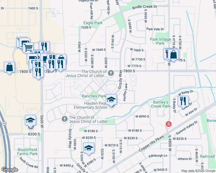 map of restaurants, bars, coffee shops, grocery stores, and more near 7887 Dove Creek Lane in West Jordan