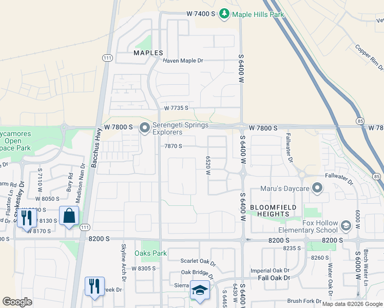 map of restaurants, bars, coffee shops, grocery stores, and more near 6527 West 7870 South in West Jordan