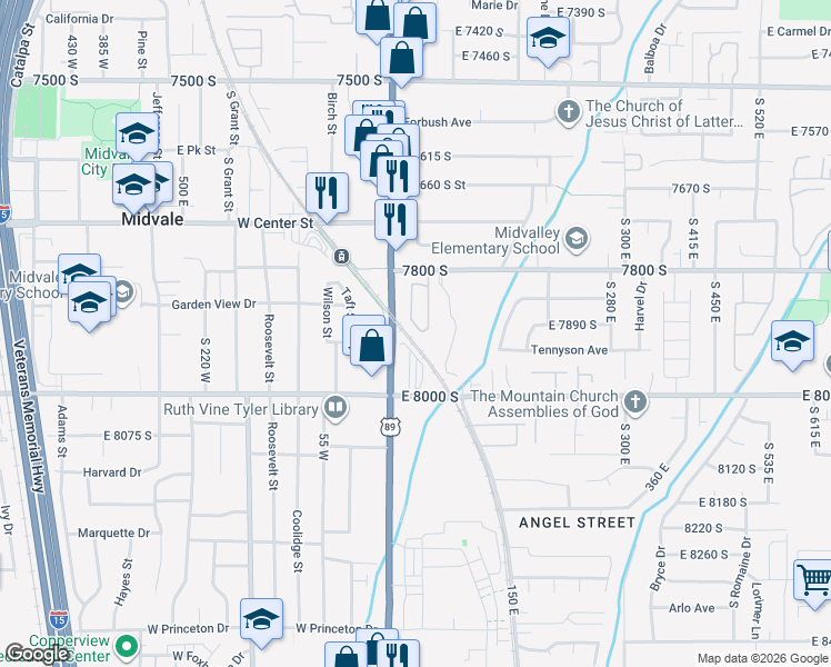 map of restaurants, bars, coffee shops, grocery stores, and more near 40 Autumn Station Way in Midvale