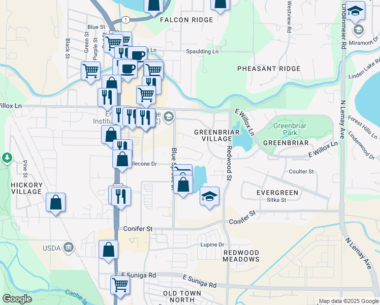 map of restaurants, bars, coffee shops, grocery stores, and more near 1550 Blue Spruce Drive in Fort Collins