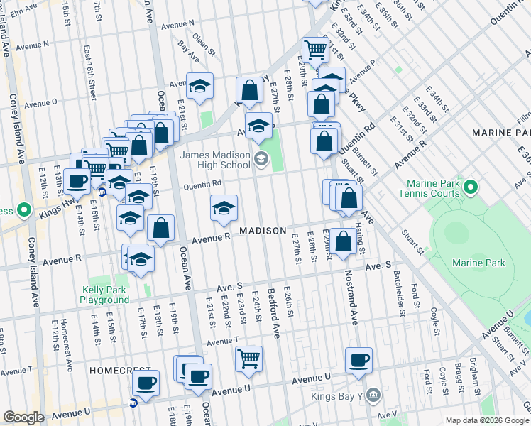 map of restaurants, bars, coffee shops, grocery stores, and more near 3854 Bedford Avenue in Brooklyn