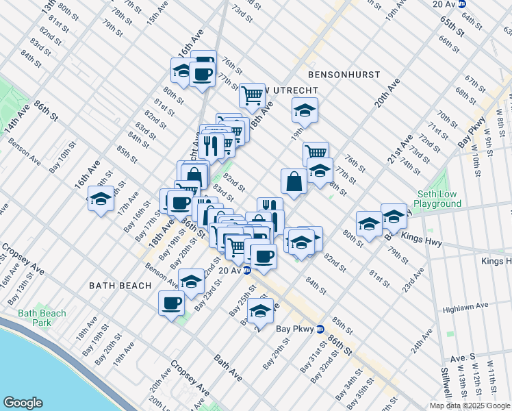 map of restaurants, bars, coffee shops, grocery stores, and more near 1902 82nd Street in Brooklyn