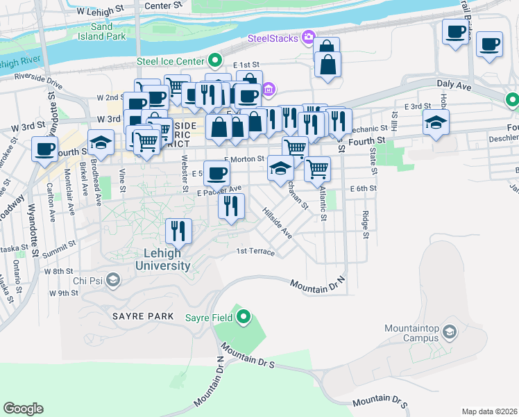 map of restaurants, bars, coffee shops, grocery stores, and more near 567 Hillside Avenue in Bethlehem