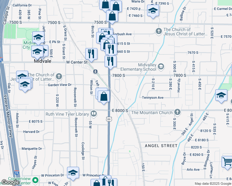 map of restaurants, bars, coffee shops, grocery stores, and more near 7894 Spring Station Way in Midvale