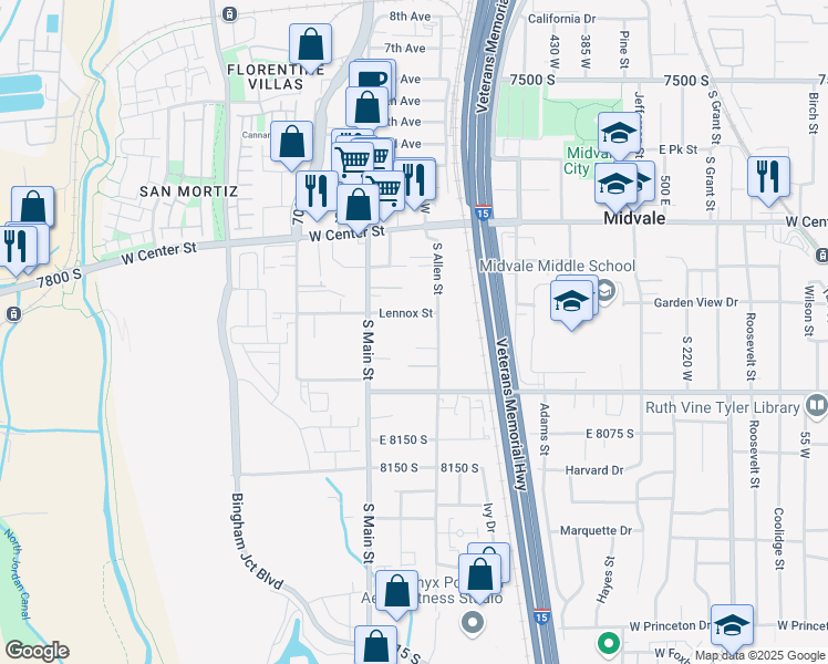 map of restaurants, bars, coffee shops, grocery stores, and more near 653 Lennox Street in Midvale