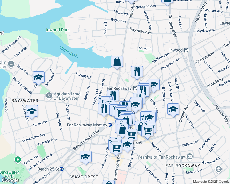 map of restaurants, bars, coffee shops, grocery stores, and more near 13-88 Pinson Street in Queens