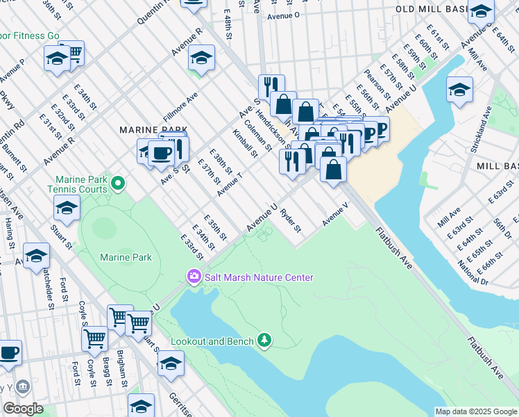 map of restaurants, bars, coffee shops, grocery stores, and more near 2176 Ryder Street in Brooklyn