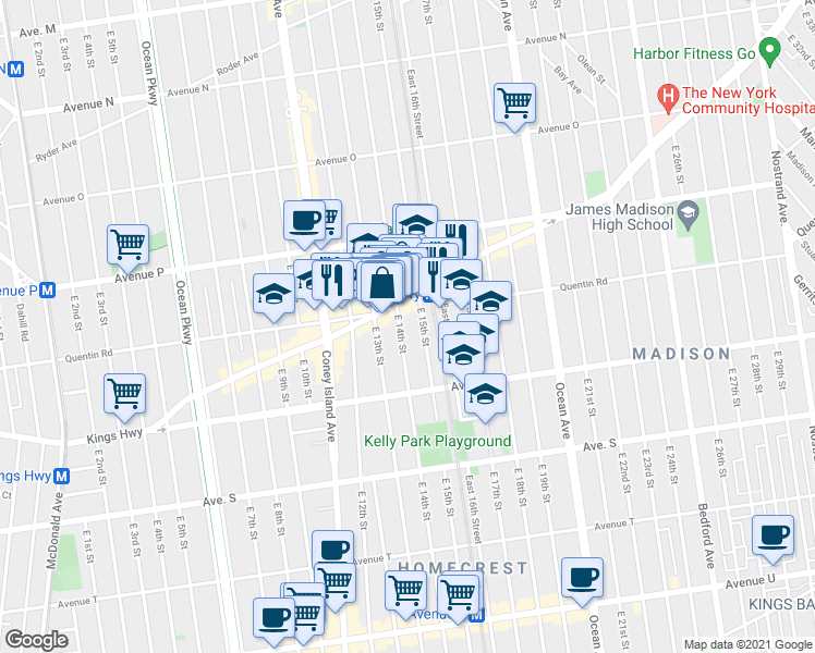 map of restaurants, bars, coffee shops, grocery stores, and more near 1703 East 14th Street in Brooklyn