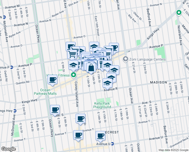 map of restaurants, bars, coffee shops, grocery stores, and more near 1703 East 14th Street in Brooklyn
