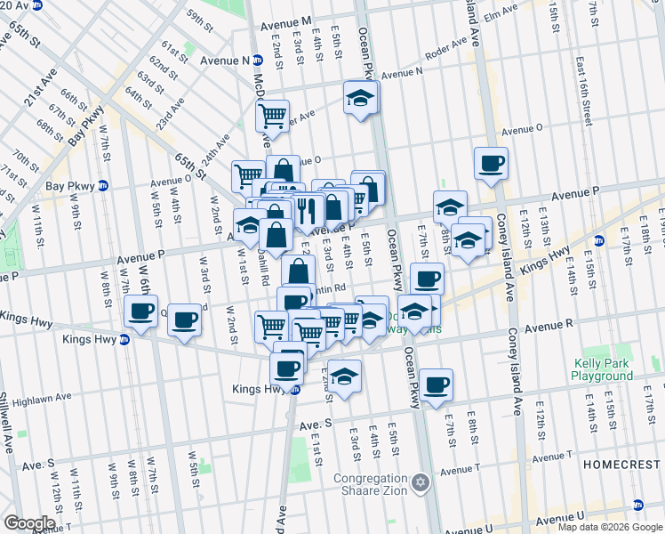 map of restaurants, bars, coffee shops, grocery stores, and more near 1736 East 3rd Street in Brooklyn