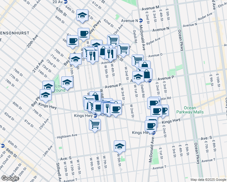 map of restaurants, bars, coffee shops, grocery stores, and more near 1601 West 5th Street in Brooklyn