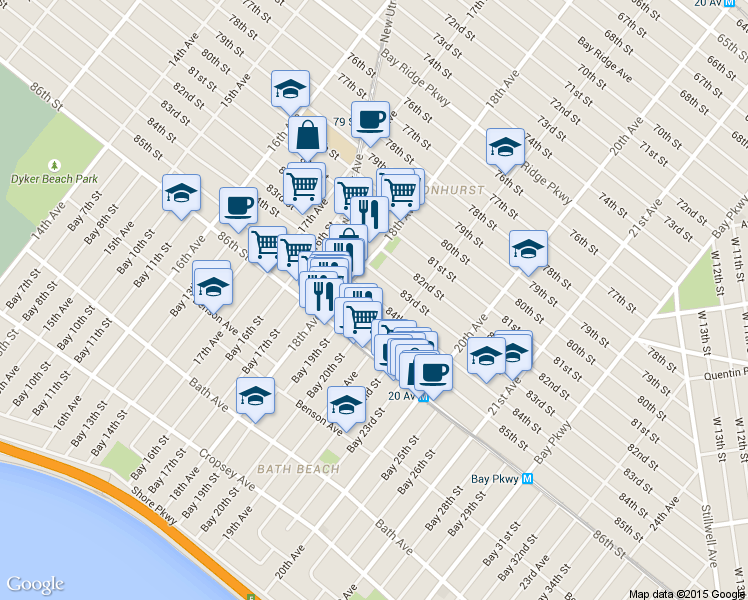 map of restaurants, bars, coffee shops, grocery stores, and more near 1828 84th Street in Brooklyn